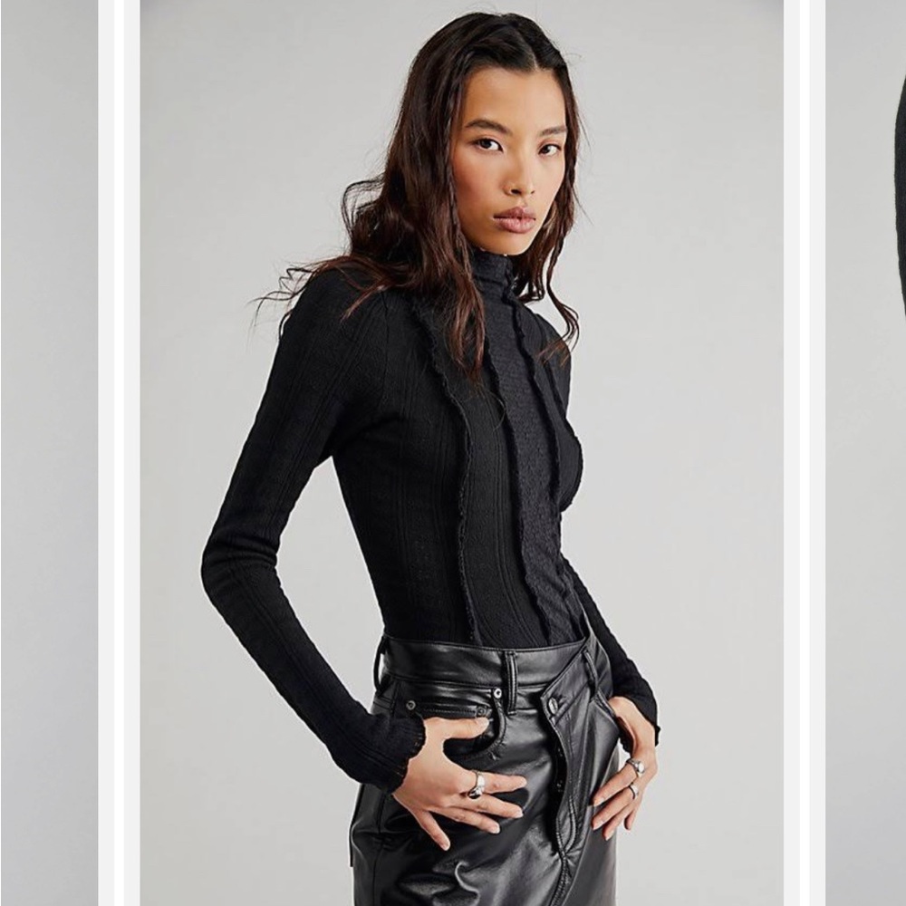 Free People Lula mock neck top black lace and sheer frayed with a slit size XS